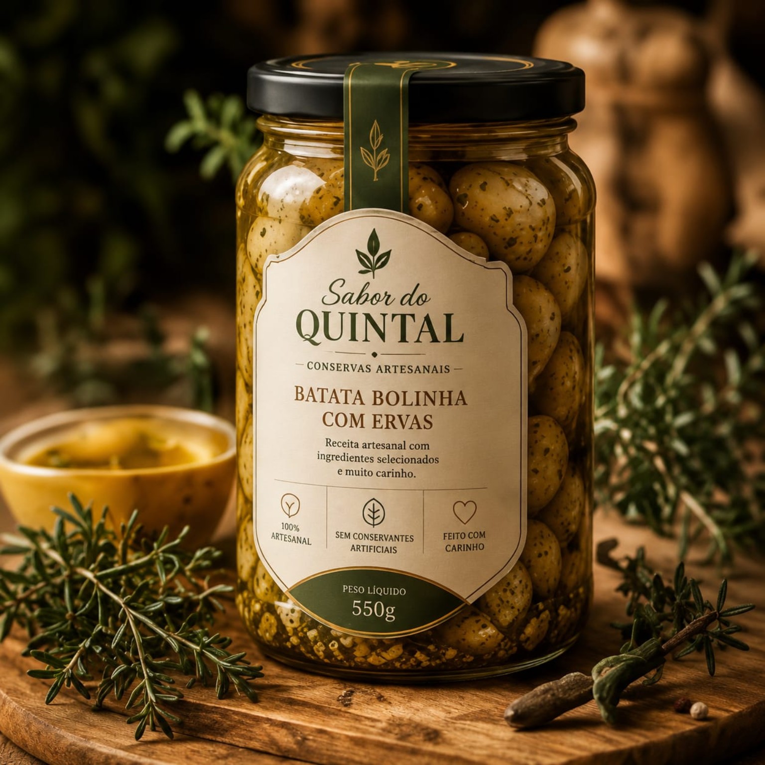 Batata bolinha com ervas Sabor do Quintal sobre uma mesa de madeira